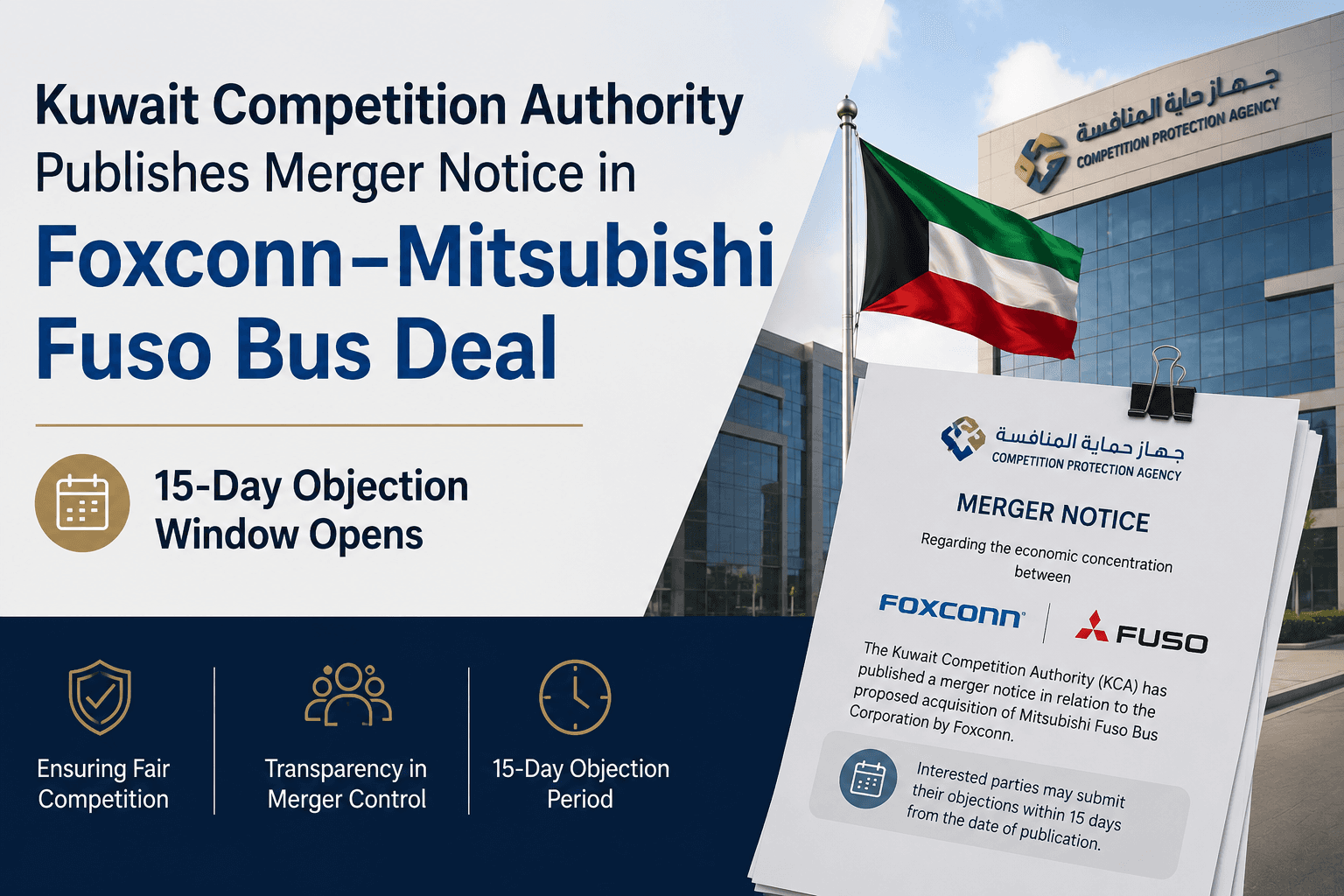 Kuwait Competition Authority Publishes Merger Notice in Foxconn–Mitsubishi Fuso Bus Deal; 15-Day Objection Window Opens