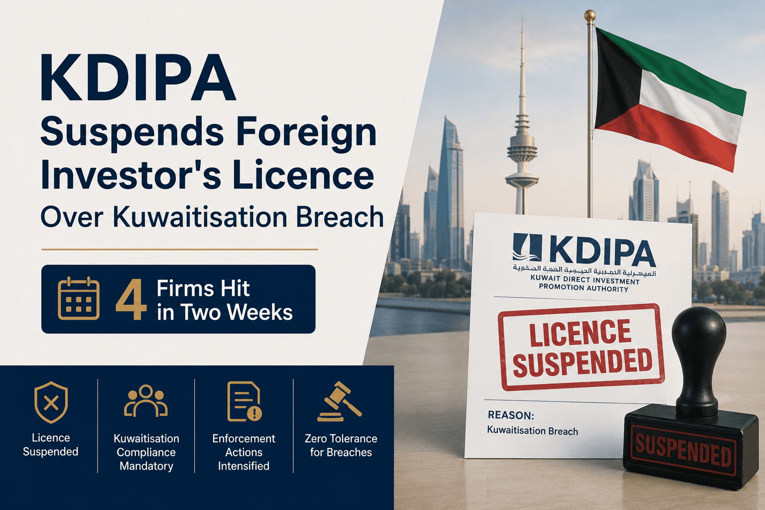 KDIPA Suspends Foreign Investor's Licence Over Kuwaitisation Breach; Four Firms Hit in Two Weeks